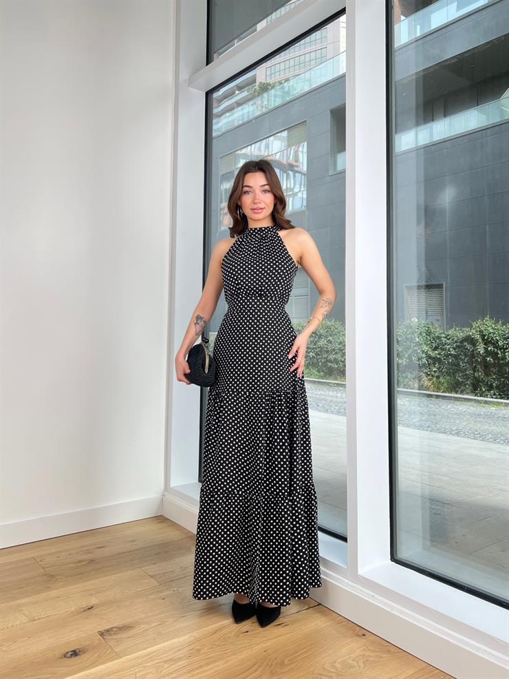 Kolsuz Bağlama Detaylı Belden Oturtmalı Puantiyeli Elsa Kadın Siyah Elbise 24Y334