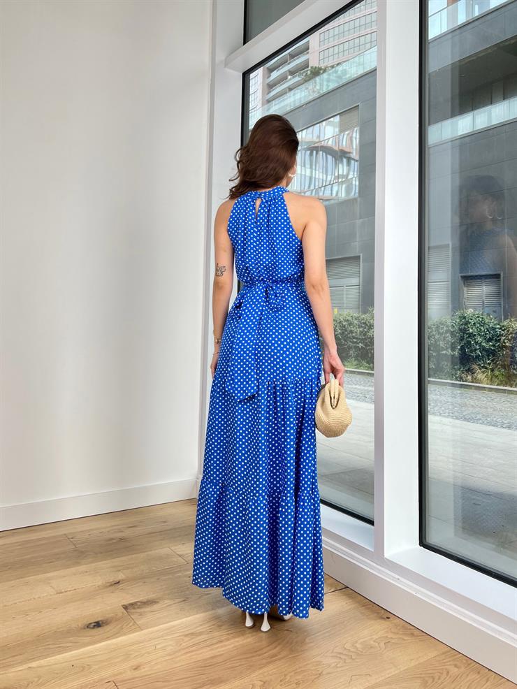 Kolsuz Bağlama Detaylı Belden Oturtmalı Puantiyeli Elsa Kadın Mavi Elbise 24Y334