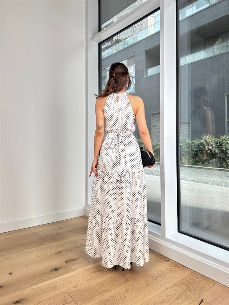 Kolsuz Bağlama Detaylı Belden Oturtmalı Puantiyeli Elsa Kadın Beyaz Elbise 24Y334