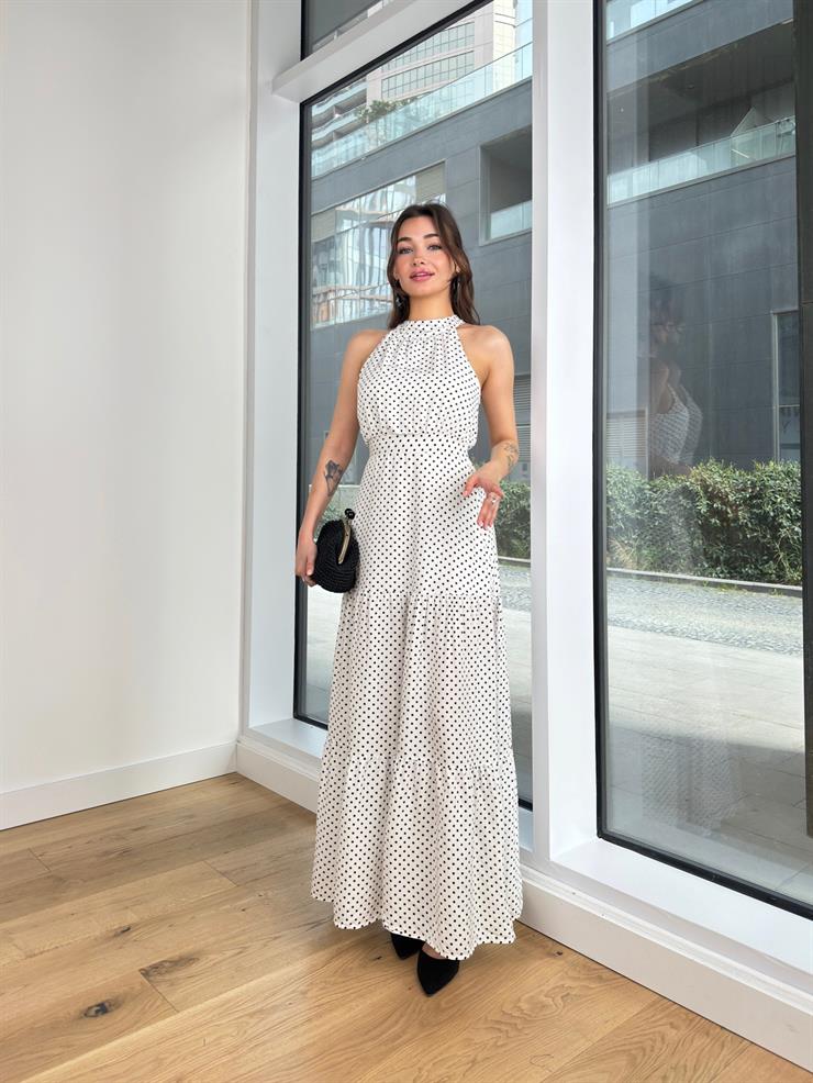 Kolsuz Bağlama Detaylı Belden Oturtmalı Puantiyeli Elsa Kadın Beyaz Elbise 24Y334