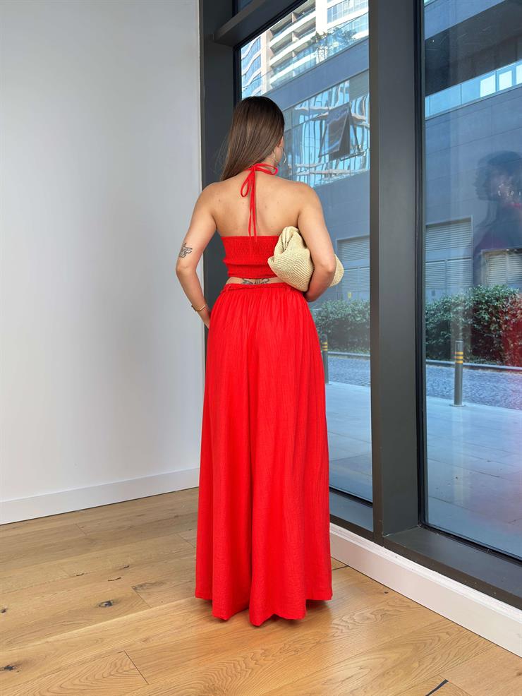 Boyundan Bağlamalı Drapeli Elsin Kırmızı Kadın Crop Bluz 25Y516