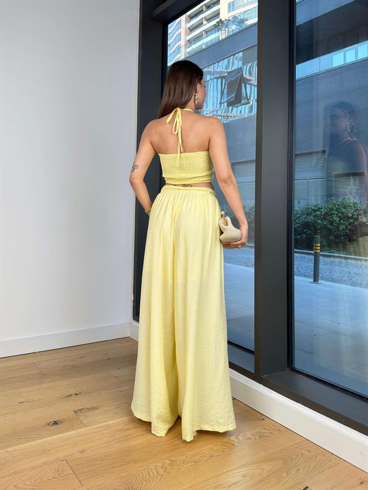 Boyundan Bağlamalı Drapeli Elsin Sarı Kadın Crop Bluz 25Y516