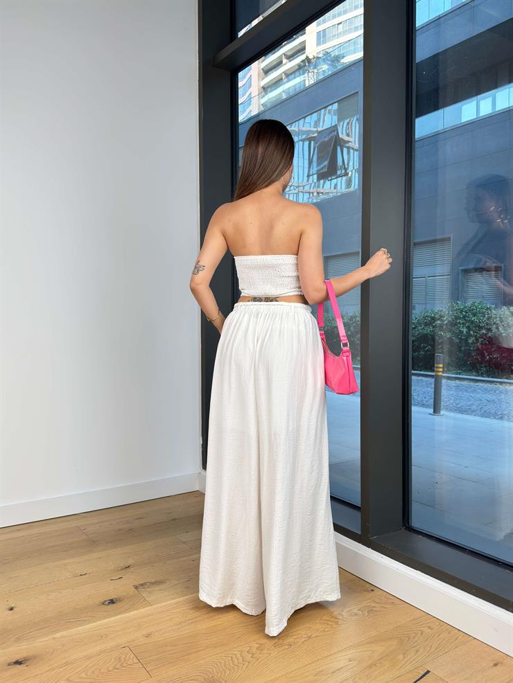 Boyundan Bağlamalı Drapeli Elsin Ekru Kadın Crop Bluz 25Y516