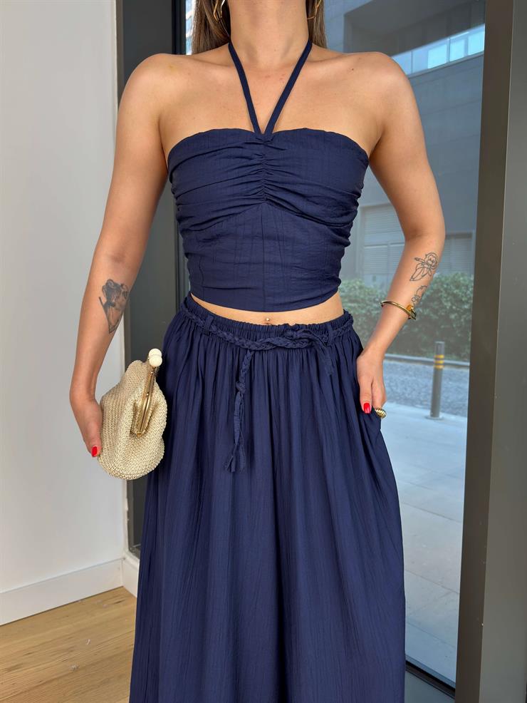 Boyundan Bağlamalı Drapeli Elsin Lacivert Kadın Crop Bluz 25Y516