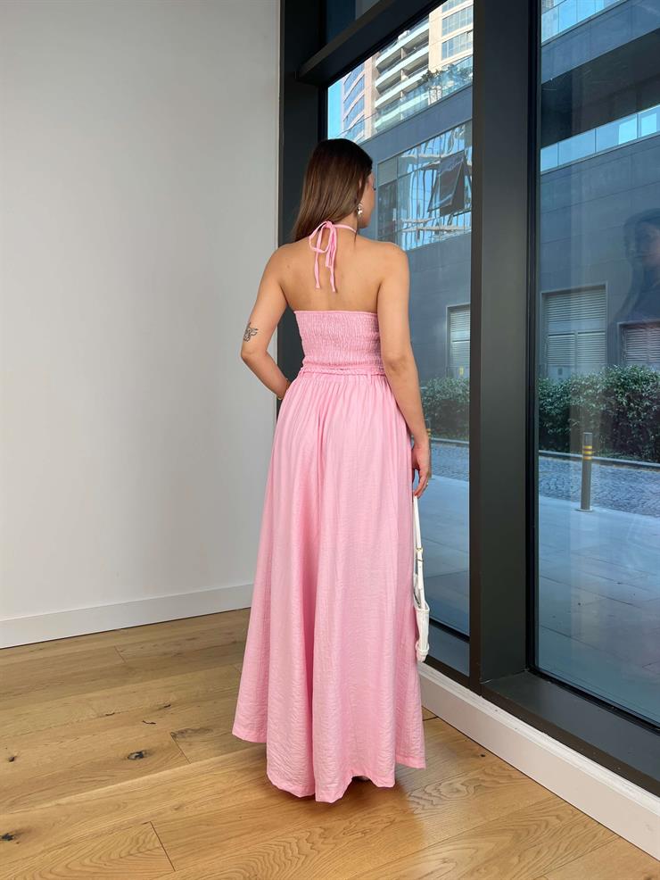 Boyundan Bağlamalı Drapeli Elsin Pembe Kadın Crop Bluz 25Y516