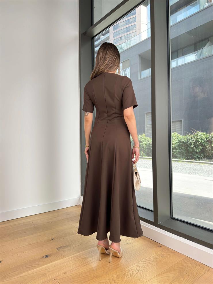 Yuvarlak Yaka Kısa Kol Elton Kahve Kadın Elbise 25Y058