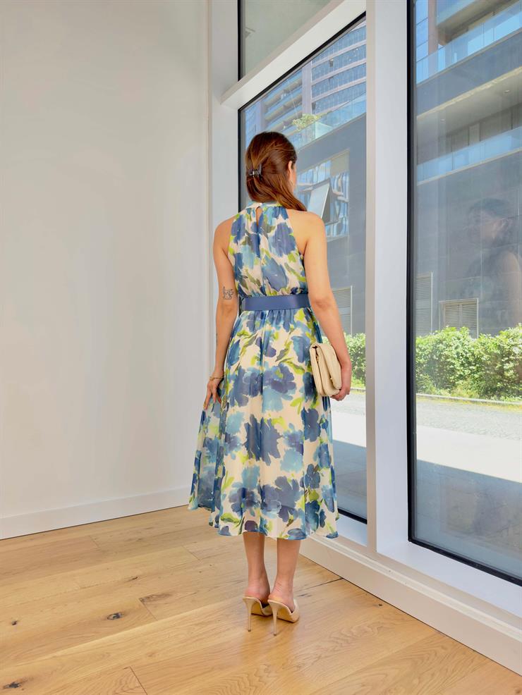 Yarım Boğazlı Beli Kemerli Elva Kadın Mavi Desenli Midi Elbise 24Y644