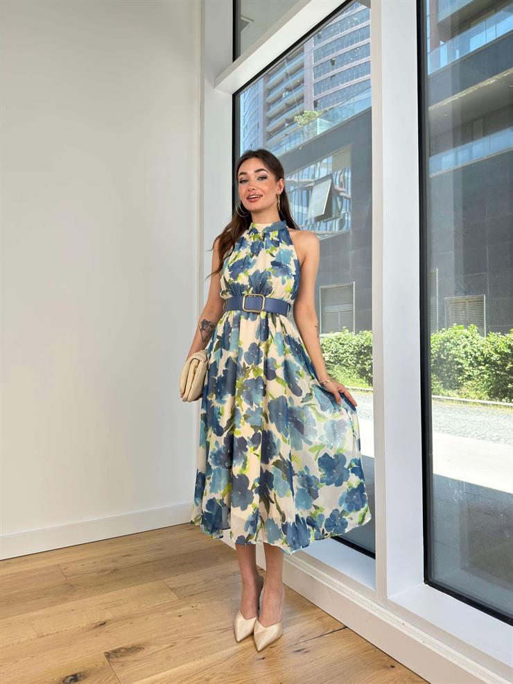 Yarım Boğazlı Beli Kemerli Elva Kadın Mavi Desenli Midi Elbise 24Y644