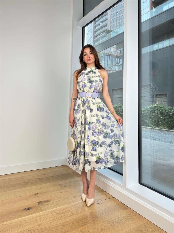 Yarım Boğazlı Beli Kemerli Elva Kadın Lila Desenli Midi Elbise 24Y644