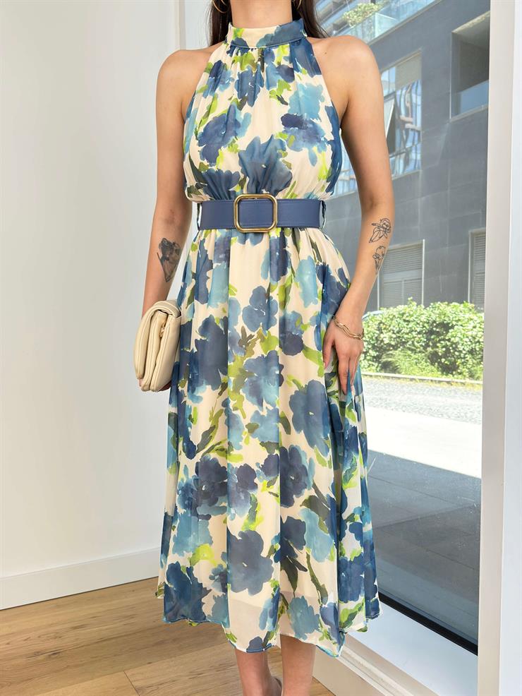 Yarım Boğazlı Beli Kemerli Elva Kadın Mavi Desenli Midi Elbise 24Y644