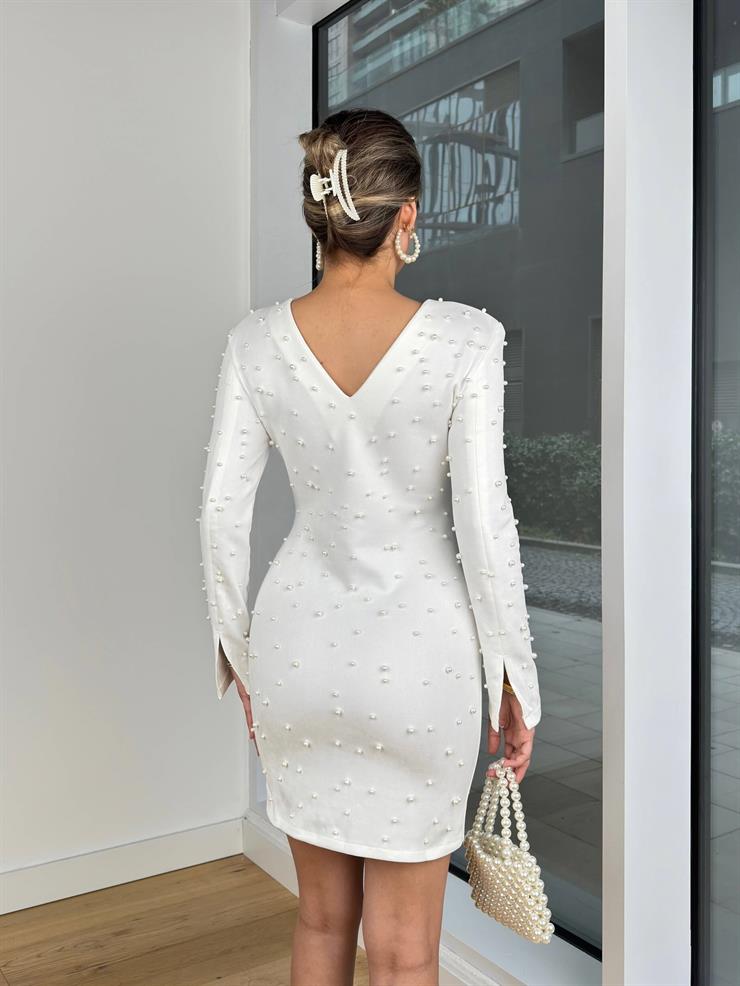 Uzun Kol İnci Detaylı Elvis Ekru Kadın Mini Elbise 25K417