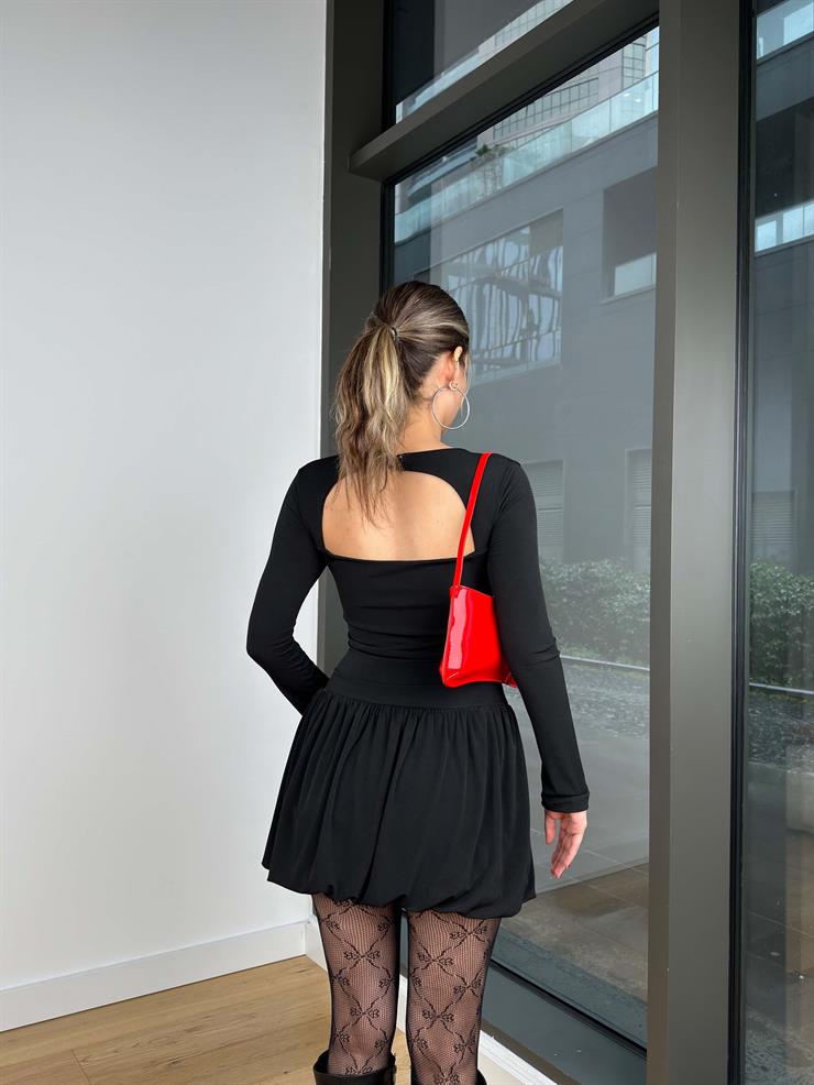 Kare Yaka Uzun Kol Drapeli Balon Etek Elvis Siyah Kadın Mini Elbise 25K477