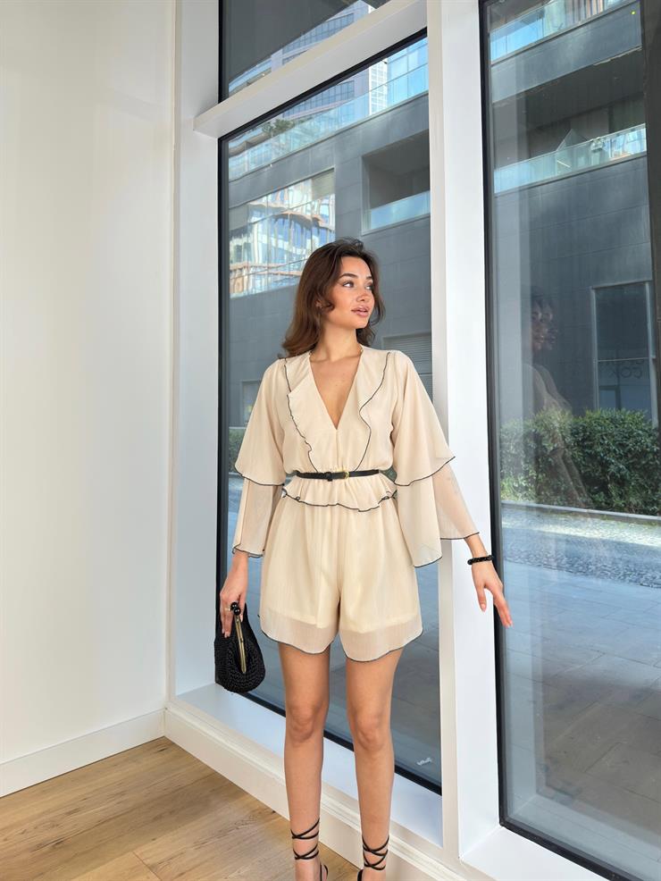 V Yaka Sırt Dekoltel Fırfır Detaylı Elvis Kadın Taş Şort Tulum 24Y360