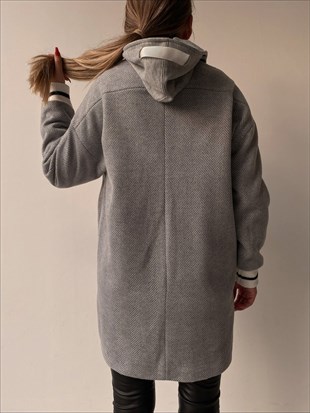 Kapüşonlu Fermuar Kısmı Çift Parçalı Elyse Kadın Gri Kaban 22K000364