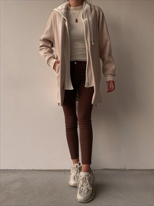 Kapüşonlu Fermuar Kısmı Çift Parçalı Elyse Kadın Taş Renk Kaban 22K000364