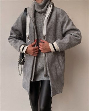 Kapüşonlu Fermuar Kısmı Çift Parçalı Elyse Kadın Gri Kaban 22K000364