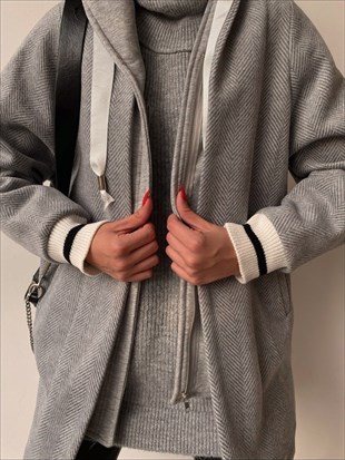 Kapüşonlu Fermuar Kısmı Çift Parçalı Elyse Kadın Gri Kaban 22K000364