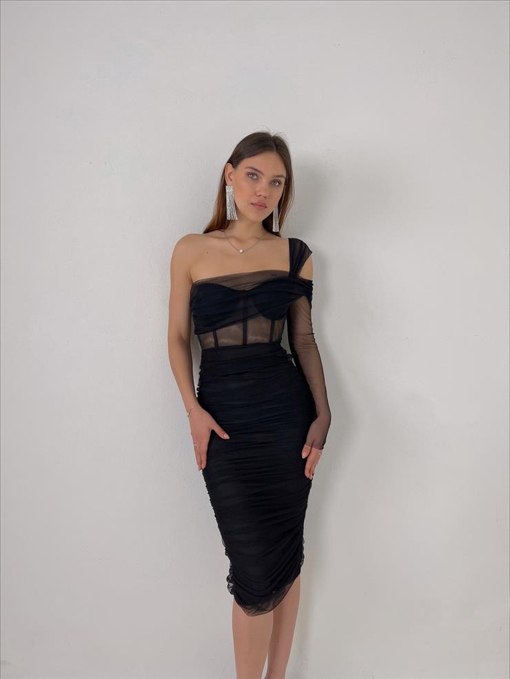 Tek Kol Korse Detaylı Transparan Eteği Drape Detalı Eman Kadın Siyah Midi Tül Elbise 23Y000059