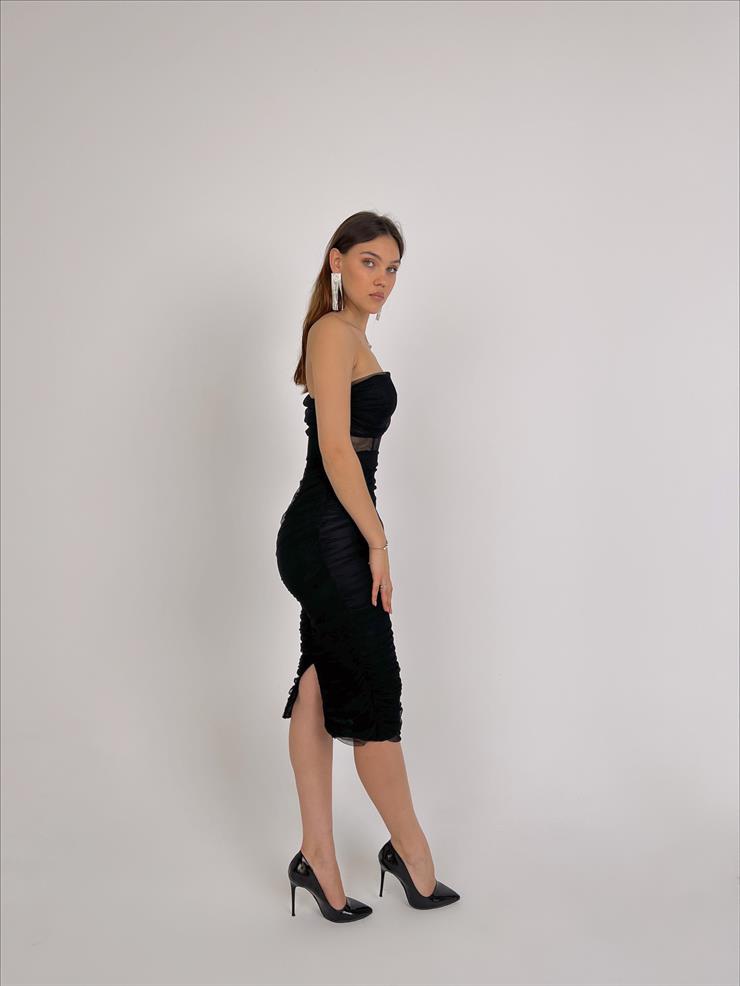 Tek Kol Korse Detaylı Transparan Eteği Drape Detalı Eman Kadın Siyah Midi Tül Elbise 23Y000059