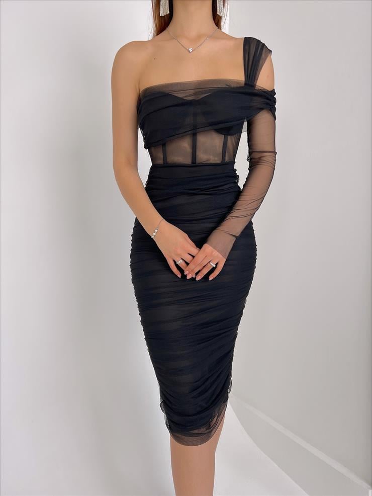 Tek Kol Korse Detaylı Transparan Eteği Drape Detalı Eman Kadın Siyah Midi Tül Elbise 23Y000059