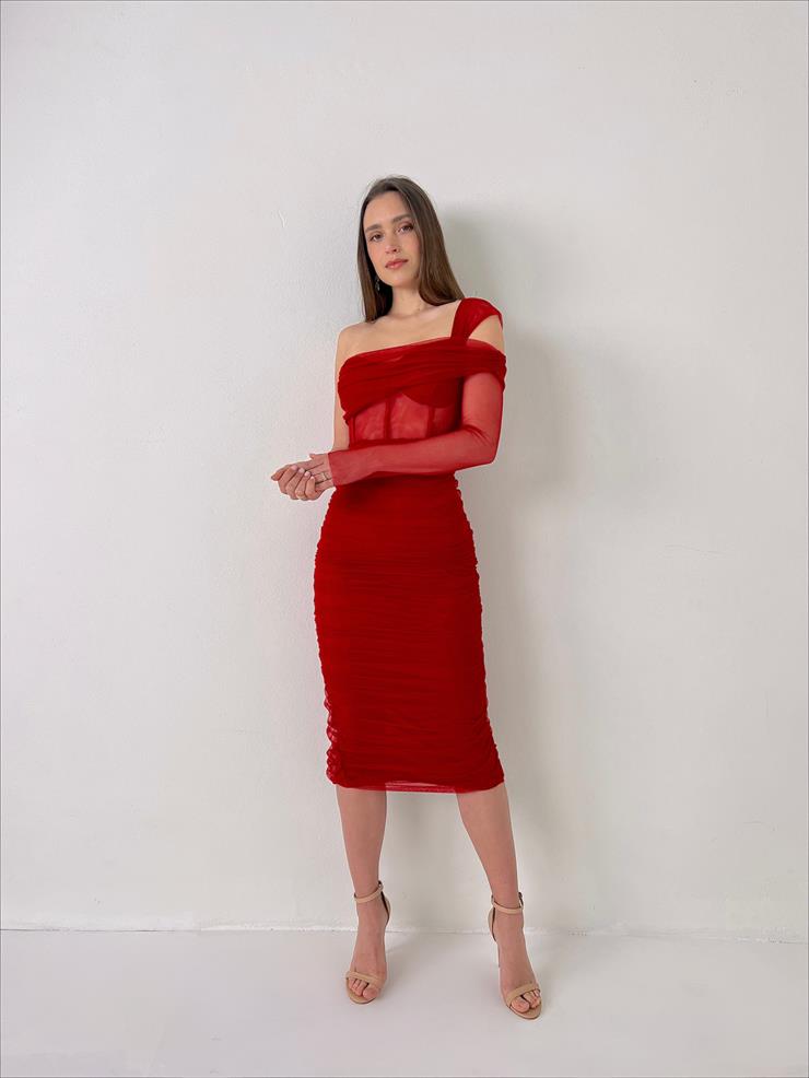 Tek Kol Korse Detaylı Transparan Eteği Drape Detalı Eman Kadın Kırmızı Midi Tül Elbise 23Y000059