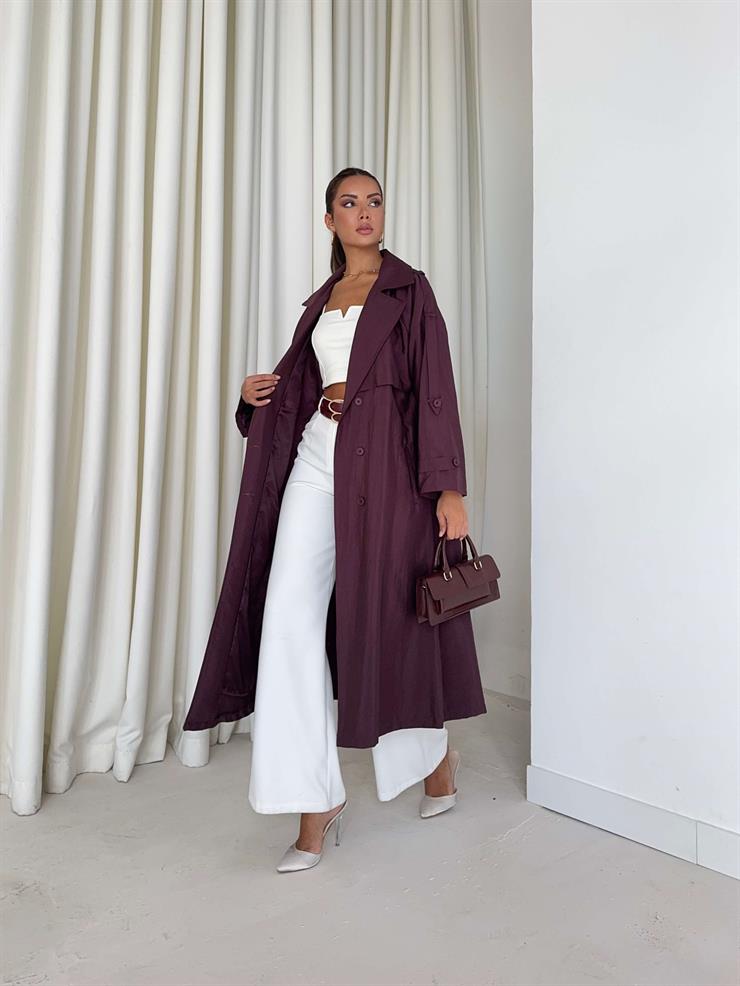 Düğmeli Kemer Detaylı Ember Bordo Kadın Trenç 26K014