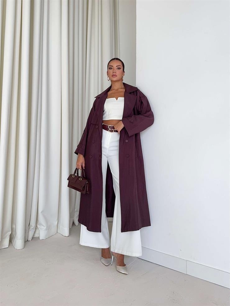 Düğmeli Kemer Detaylı Ember Bordo Kadın Trenç 26K014