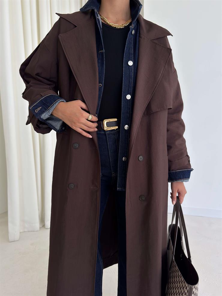 Düğmeli Kemer Detaylı Ember Kahve Kadın Trenç 26K014