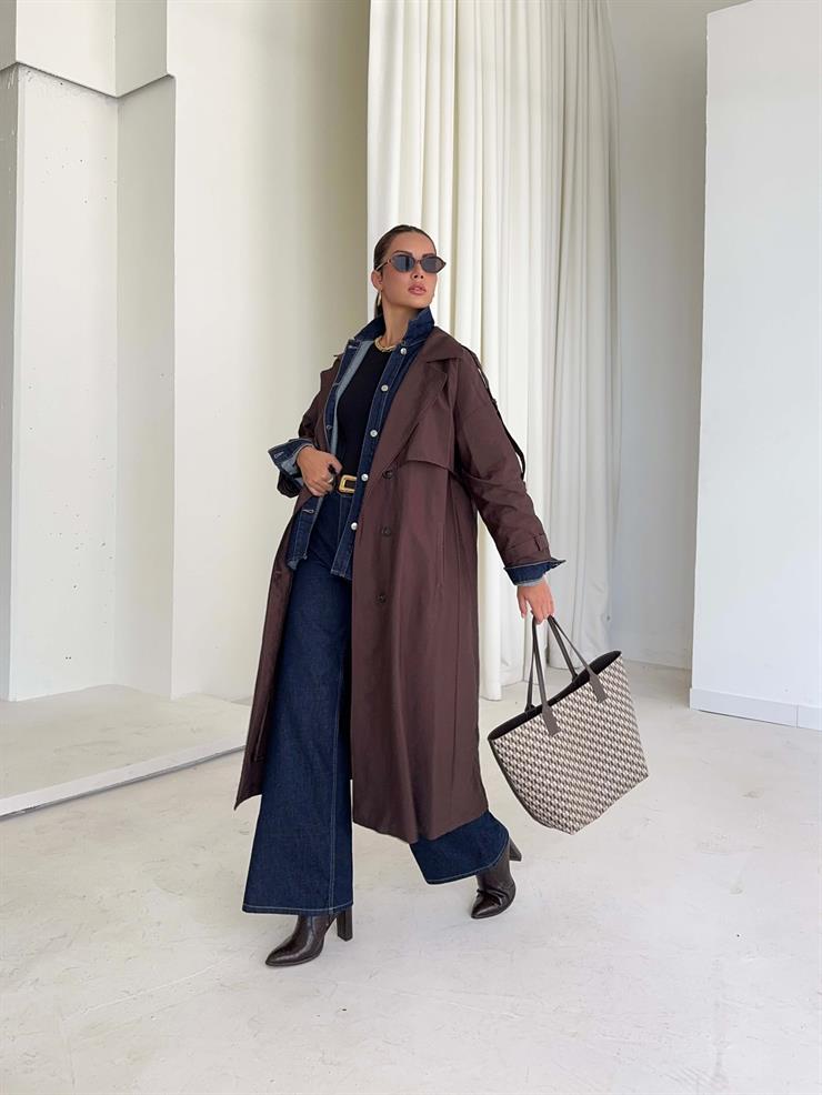 Düğmeli Kemer Detaylı Ember Kahve Kadın Trenç 26K014