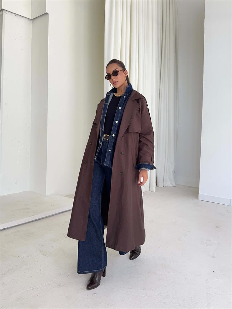 Düğmeli Kemer Detaylı Ember Kahve Kadın Trenç 26K014