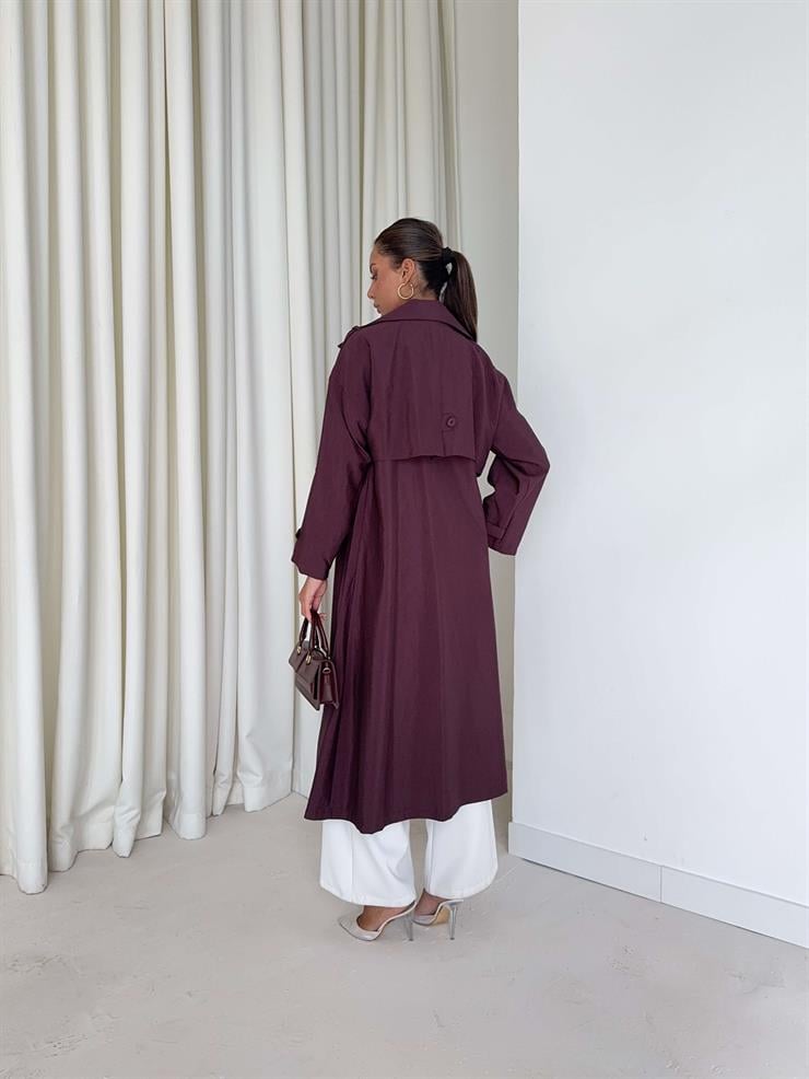 Düğmeli Kemer Detaylı Ember Bordo Kadın Trenç 26K014