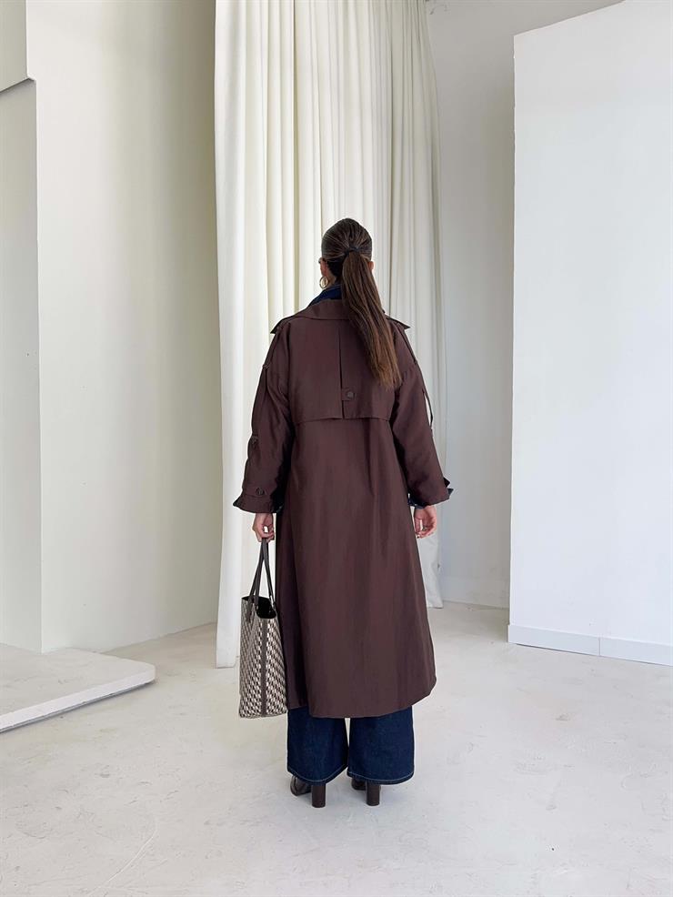 Düğmeli Kemer Detaylı Ember Kahve Kadın Trenç 26K014