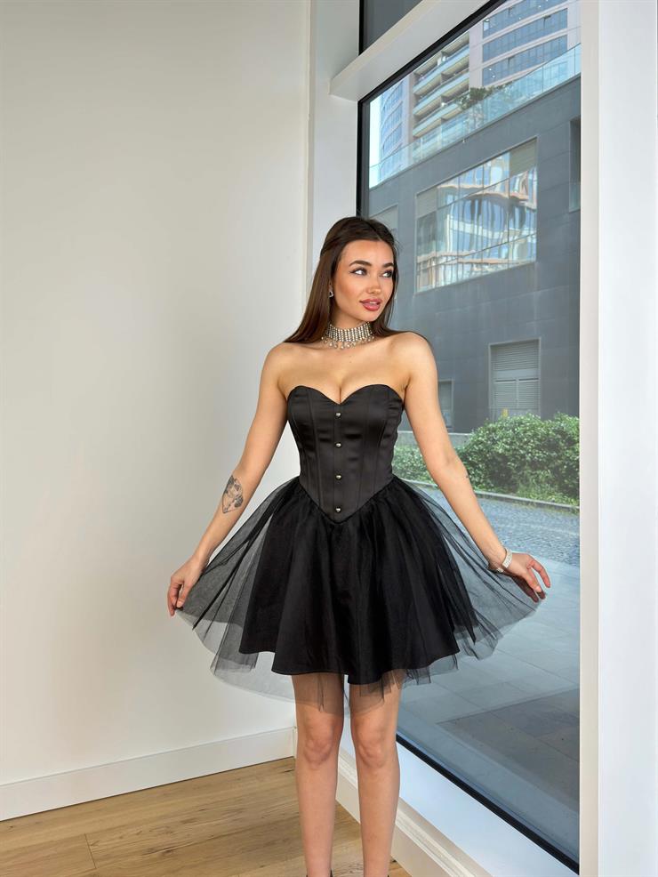 Straplez Önü Düğme Detaylı Korse Eteği Tül Emelıe Kadın Siyah Mini Elbise 24Y568