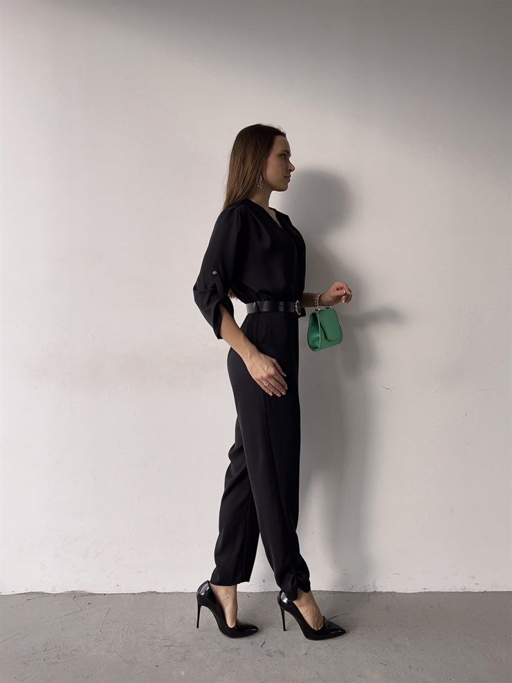 Kruvaze Yaka Kemerli Emerick Kadın Siyah Tulum 23K000359