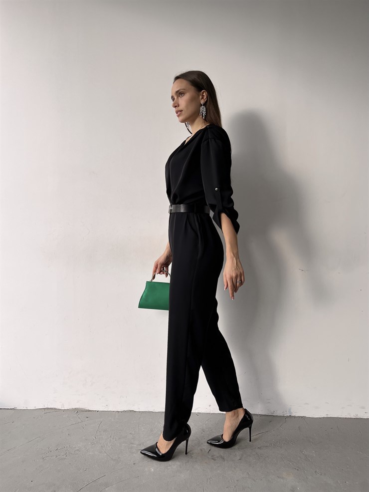 Kruvaze Yaka Kemerli Emerick Kadın Siyah Tulum 23K000359