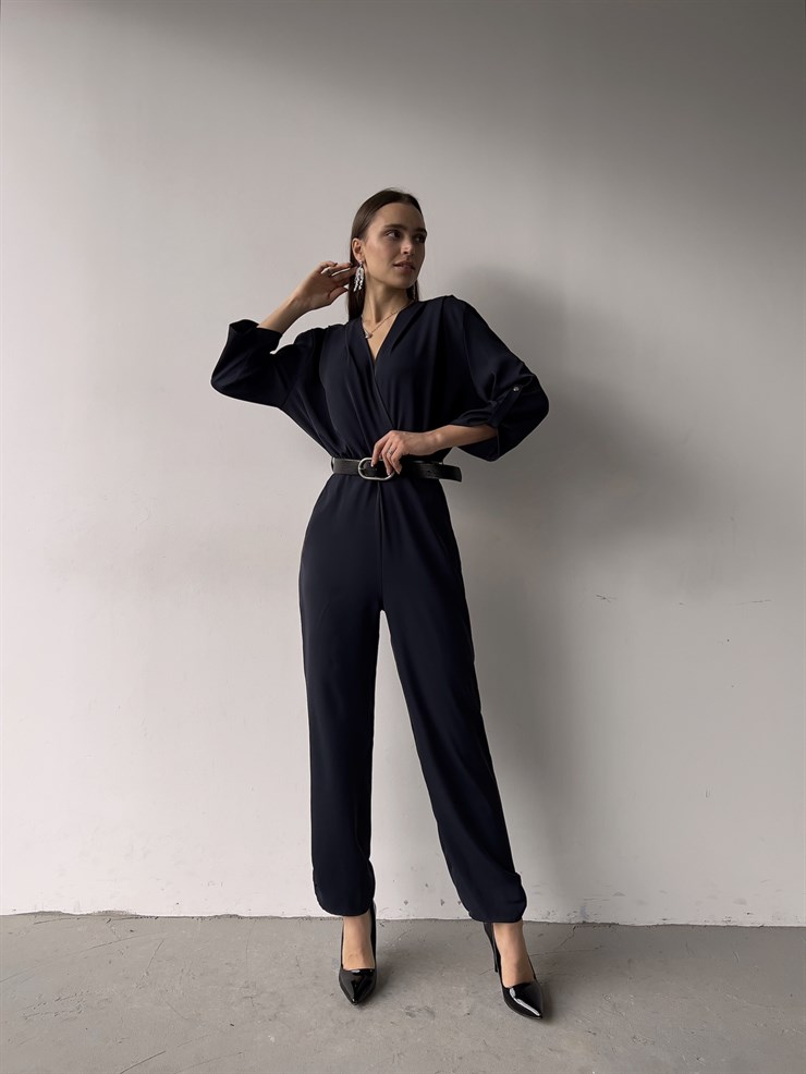 Kruvaze Yaka Kemerli Emerick Kadın Lacivert Tulum 23K000359