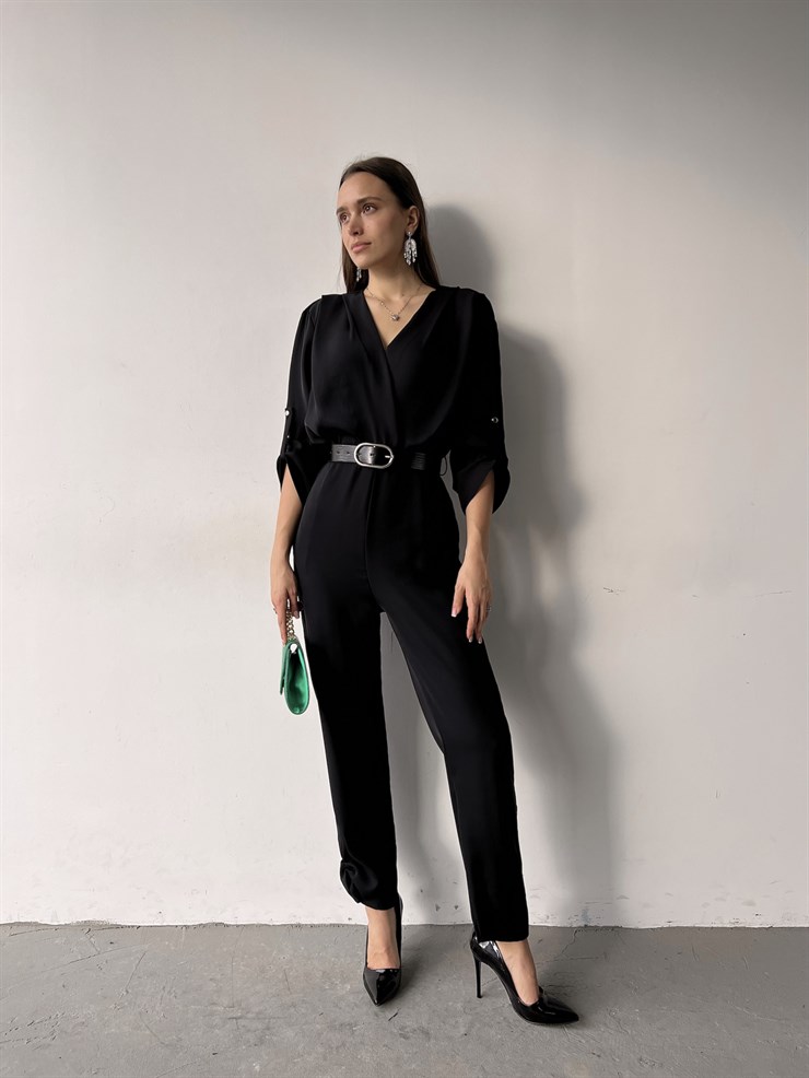 Kruvaze Yaka Kemerli Emerick Kadın Siyah Tulum 23K000359