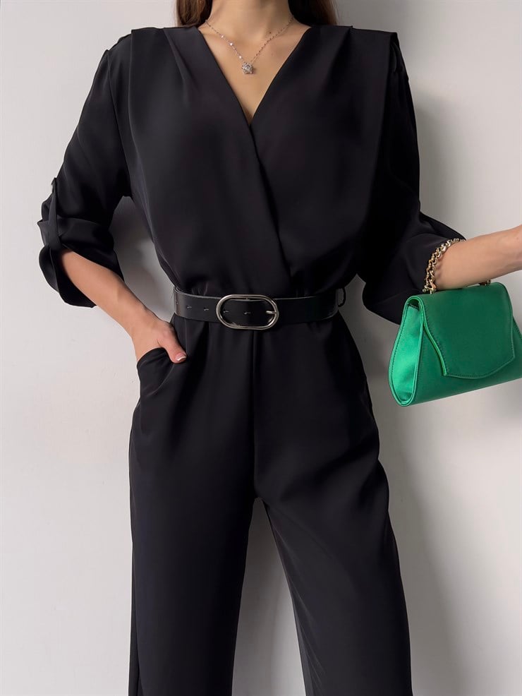 Kruvaze Yaka Kemerli Emerick Kadın Siyah Tulum 23K000359