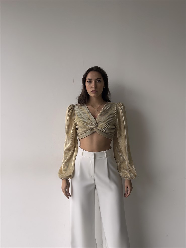 V Yaka Crop Uzun Kollu Emira Kadın Altın Renk Bluz 23K000317