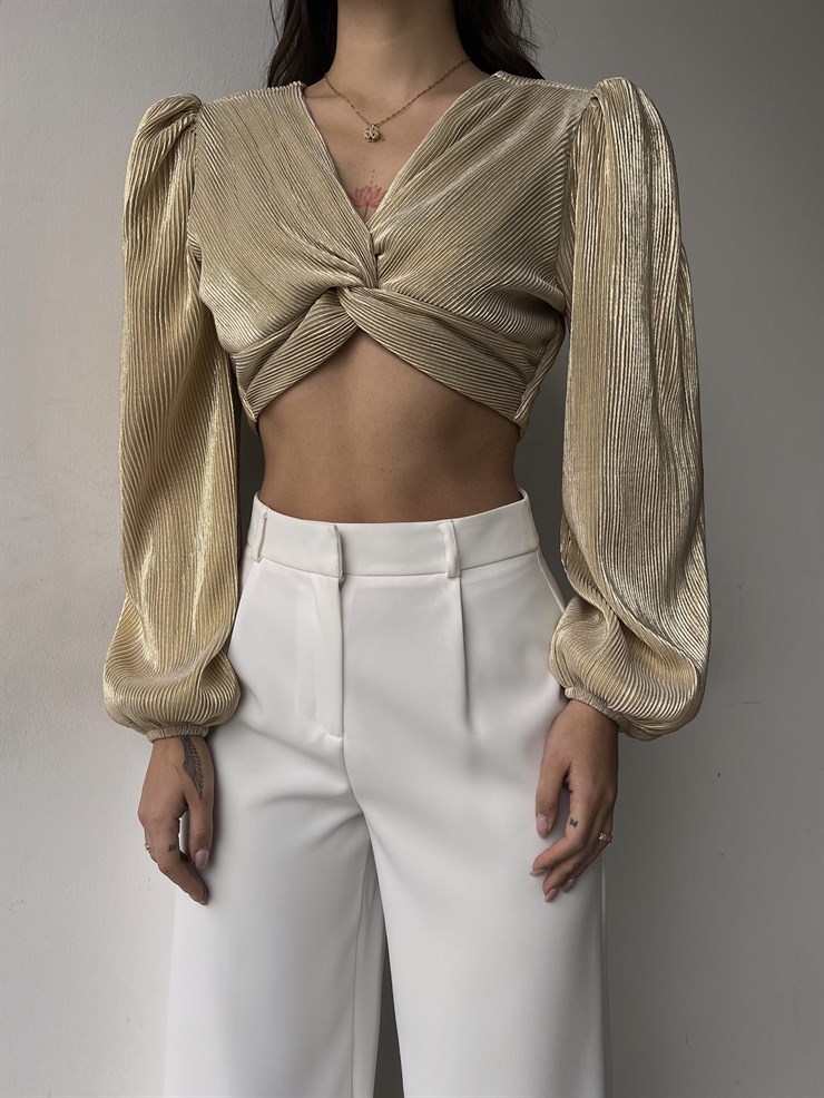 V Yaka Crop Uzun Kollu Emira Kadın Altın Renk Bluz 23K000317