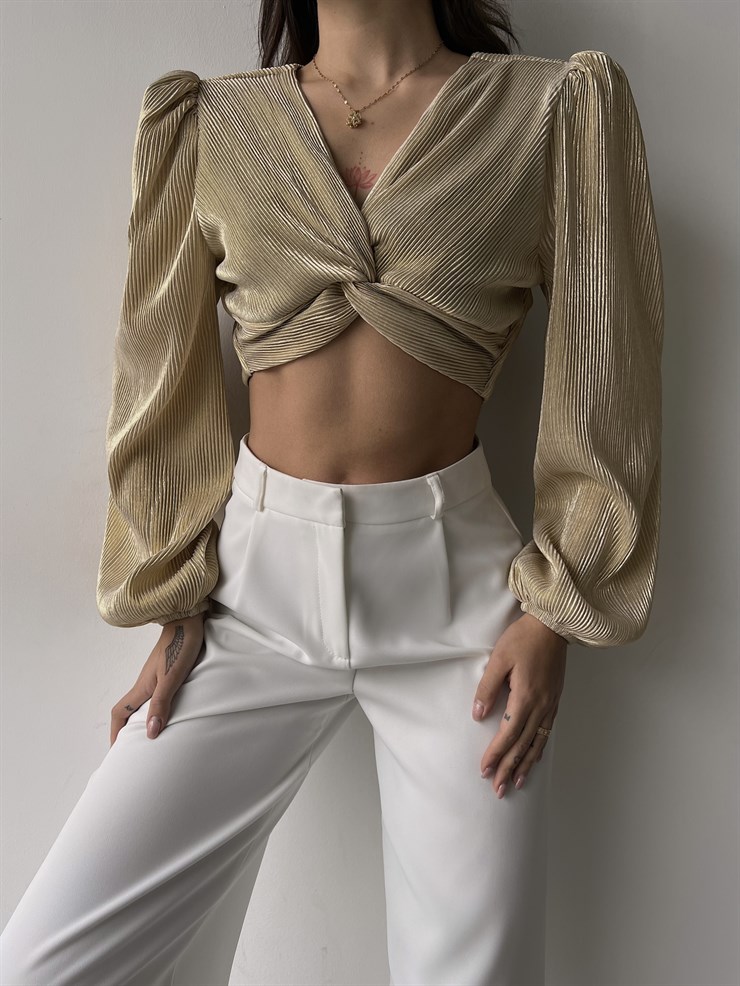 V Yaka Crop Uzun Kollu Emira Kadın Altın Renk Bluz 23K000317