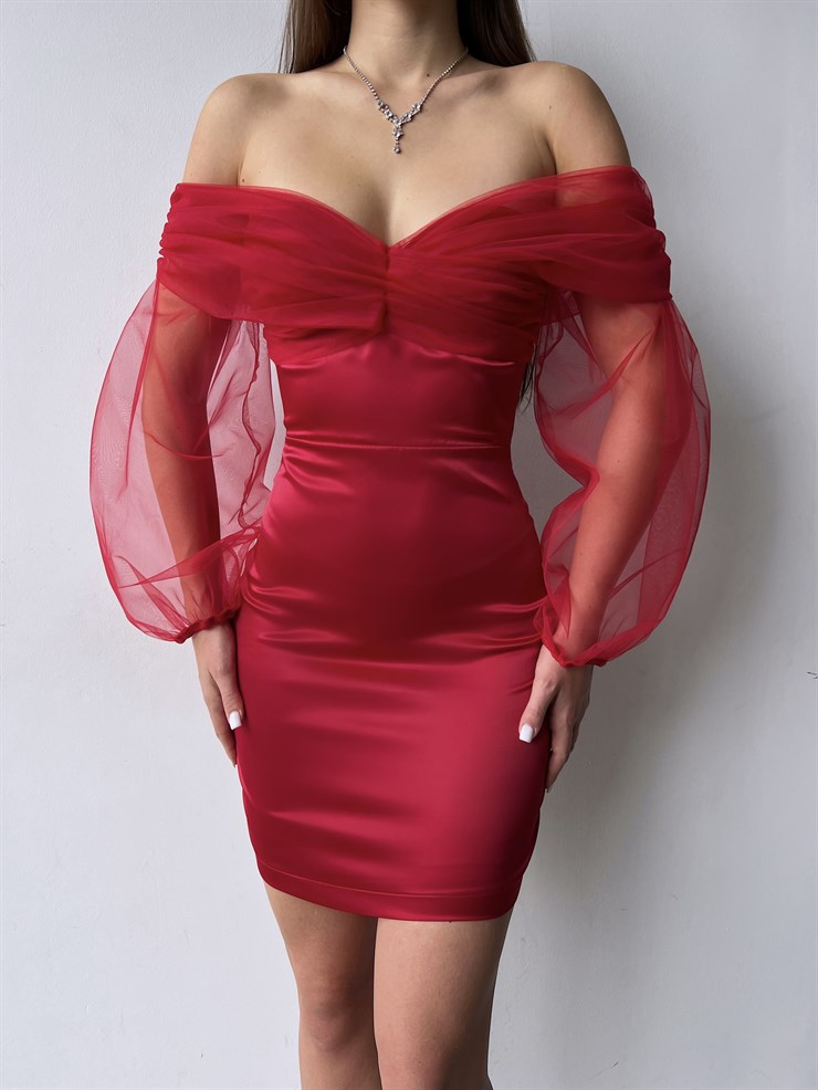 Düşük Omuz Uzun Tül Kol Emma Kadın Kısa Kırmızı Elbise 23K000301