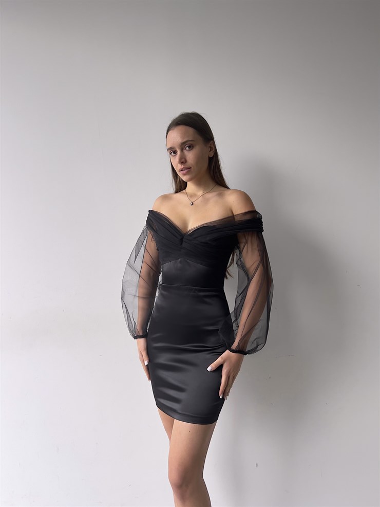 Düşük Omuz Uzun Tül Kol Emma Kadın Kısa Siyah Elbise 23K000301