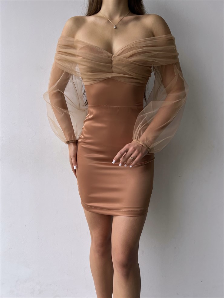 Düşük Omuz Uzun Tül Kol Emma Kadın Kısa Taba Elbise 23K000301