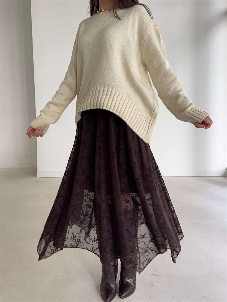 Desenli Tül Asimetrik Kesim Emma Kahve Kadın Etek 26K363