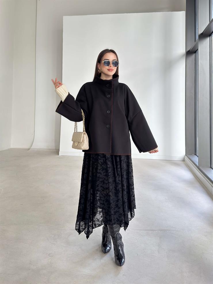 Desenli Tül Asimetrik Kesim Emma Siyah Kadın Etek 26K363