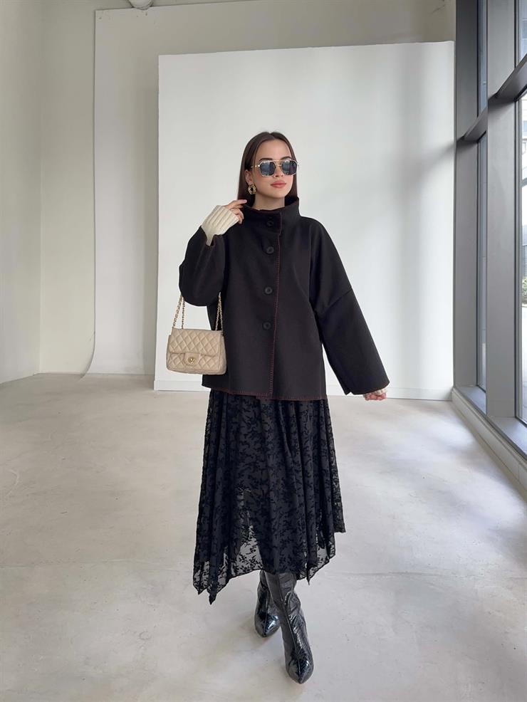 Desenli Tül Asimetrik Kesim Emma Siyah Kadın Etek 26K363