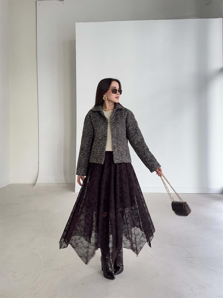 Desenli Tül Asimetrik Kesim Emma Kahve Kadın Etek 26K363