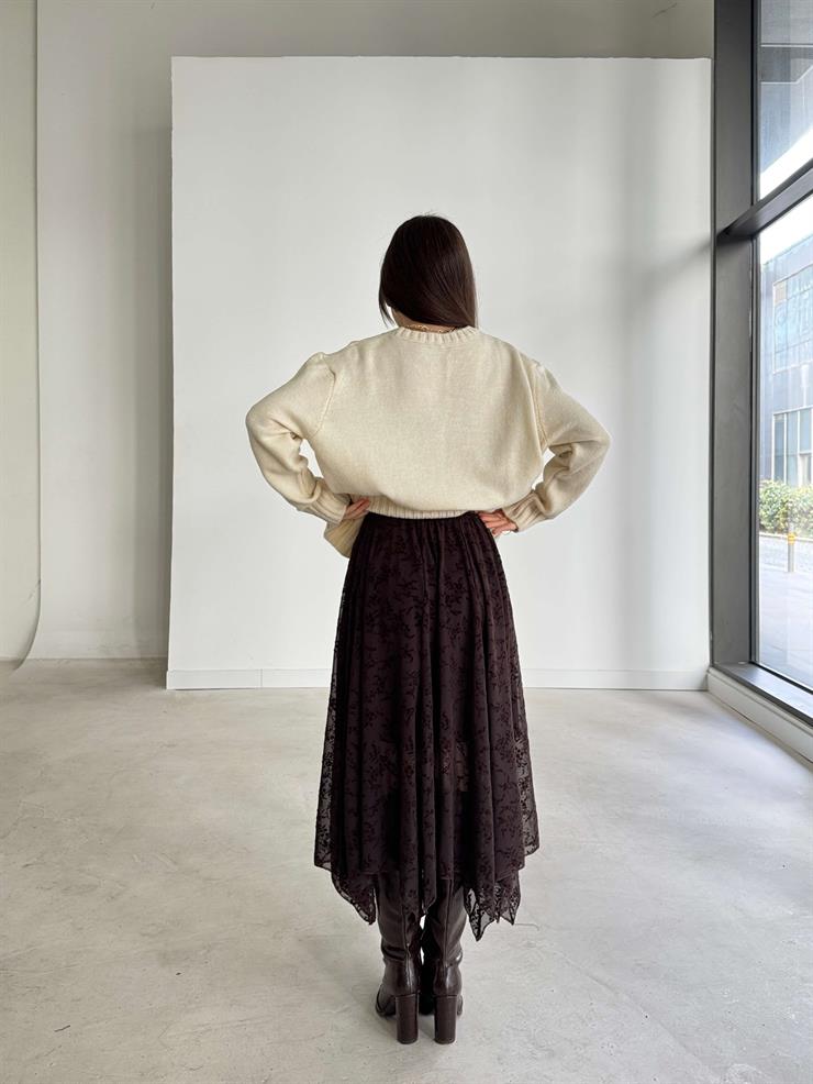 Desenli Tül Asimetrik Kesim Emma Kahve Kadın Etek 26K363