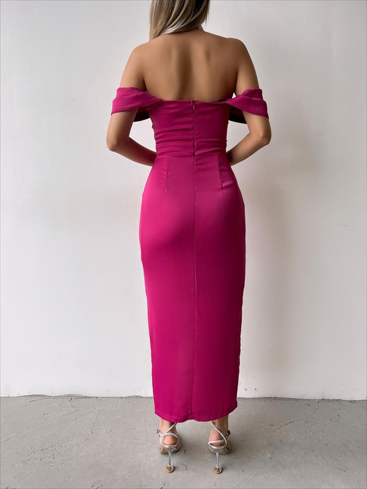 Düşük Kol Korse Görünümlü Empfang Kadın Fuşya Elbise 23Y000247